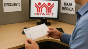 Trabajador revisando su nómina con descuento Infonavit durante baja médica, frente a pantalla con logo del Infonavit.