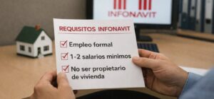 Trabajador revisando su crédito Infonavit en laptop, con documentos de vivienda sobre la mesa y oficina de fondo.