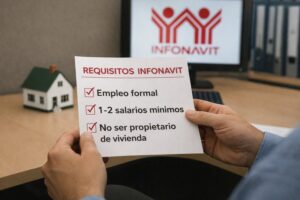 Trabajador revisando su crédito Infonavit en laptop, con documentos de vivienda sobre la mesa y oficina de fondo.