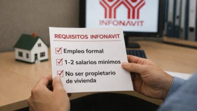 Trabajador revisando su crédito Infonavit en laptop, con documentos de vivienda sobre la mesa y oficina de fondo.